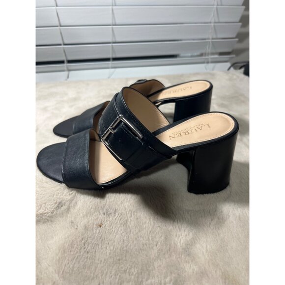 Lauren Ralph Lauren Black Leather Strappy Block Heel Sandals With Silver Buckle - Picture 12 of 12